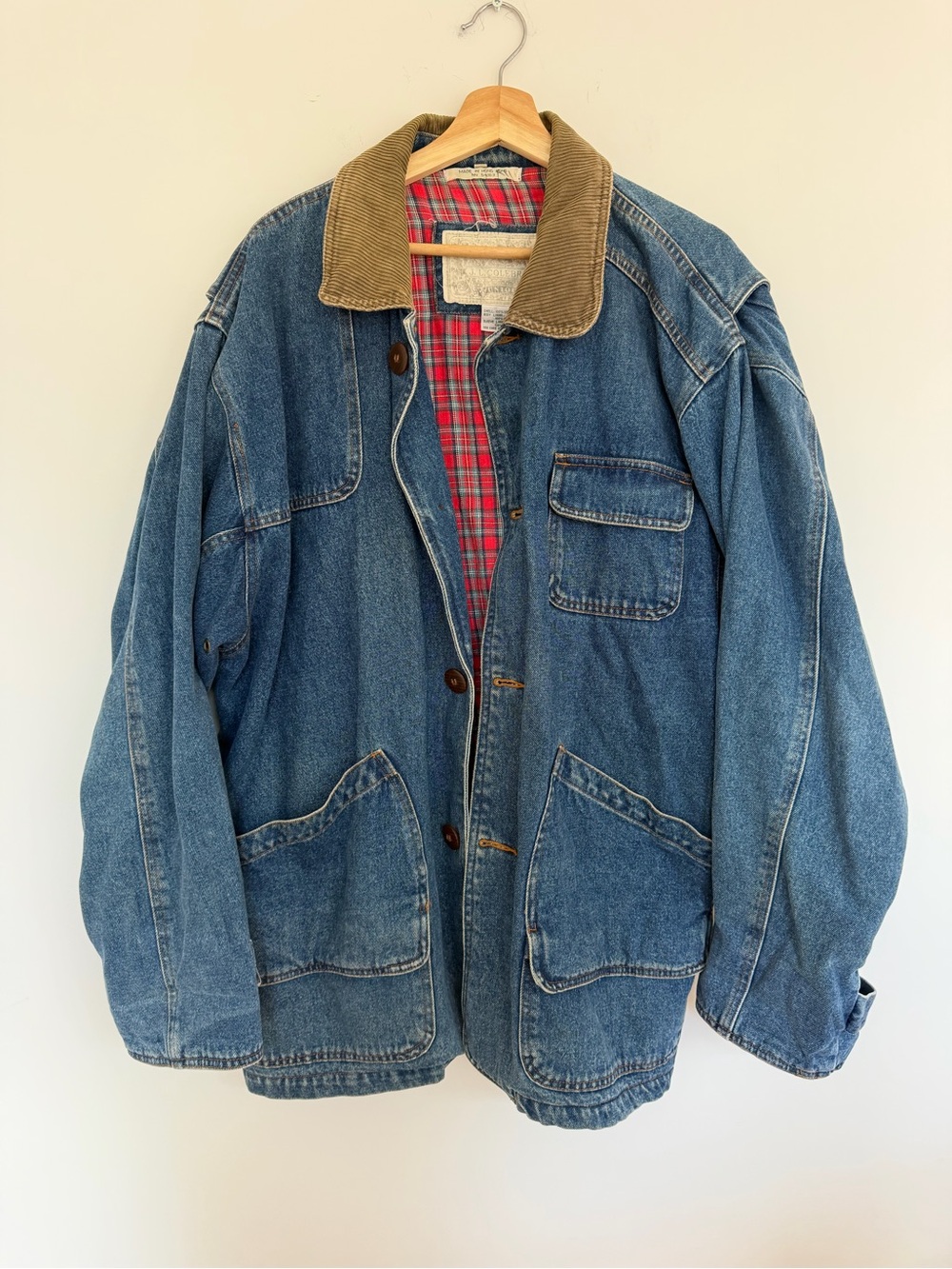 Vintage J.L. Colebrook Denim Barn Coat Plaid Flannel Lined Chore Jacket Blue L